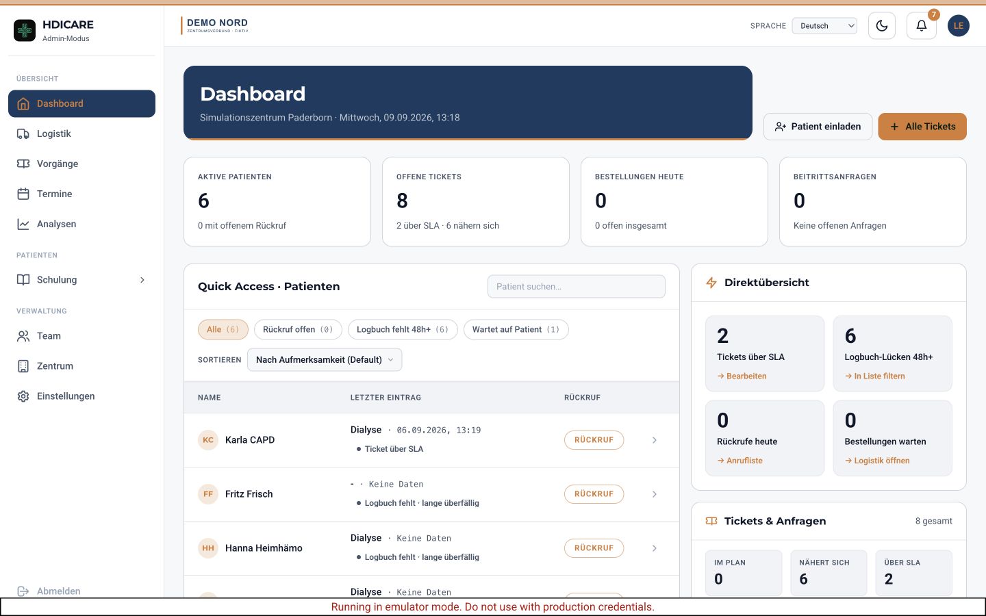 Echtes Zentrum-Portal mit dem fiktiven Logo Demo Nord, eigener Farbwelt in Kopfbereich, Navigation und Schaltflächen.