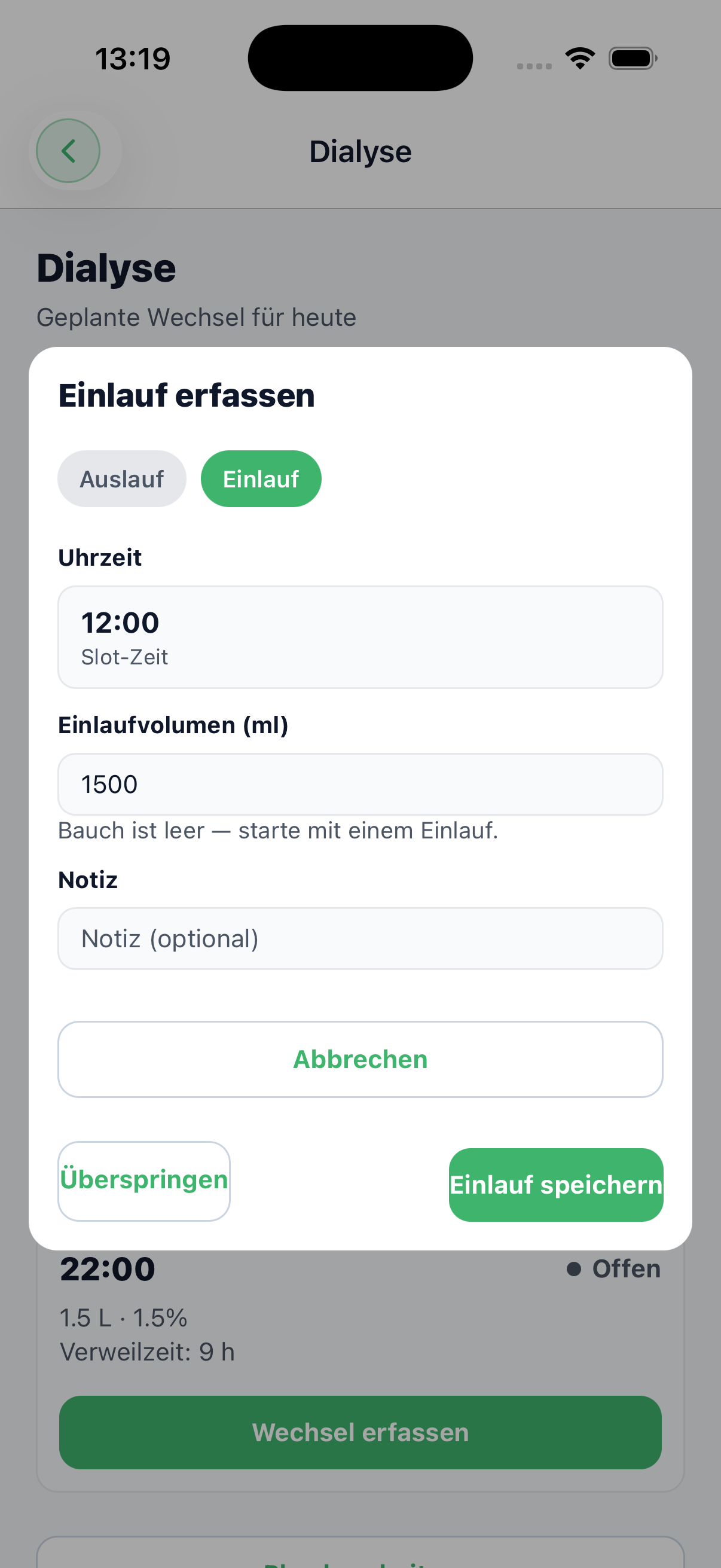 Echte CAPD-Eingabe mit Wechselzeit, Einlaufvolumen und optionaler Notiz