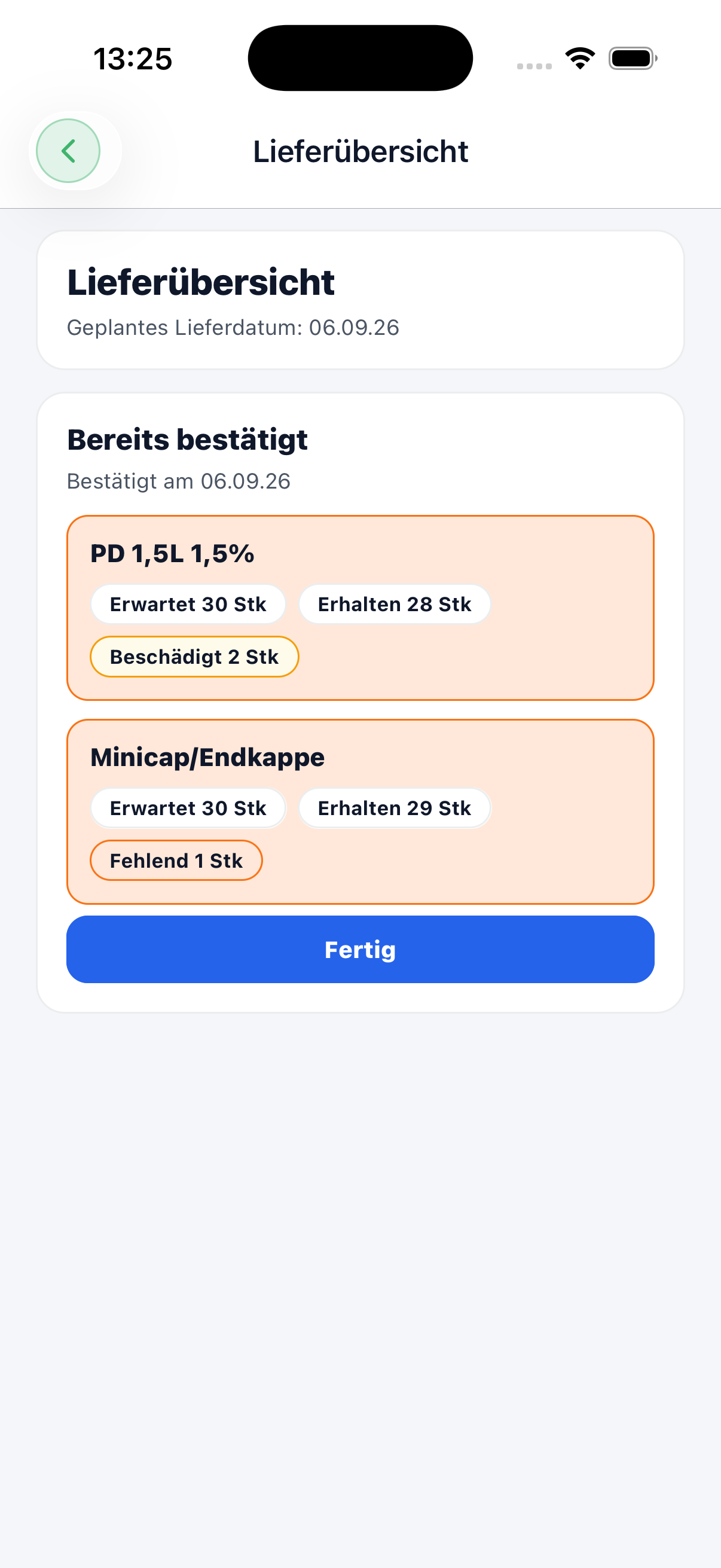 Echter Demo-Lieferbeleg mit zwei beschädigten Beuteln und einer fehlenden Endkappe