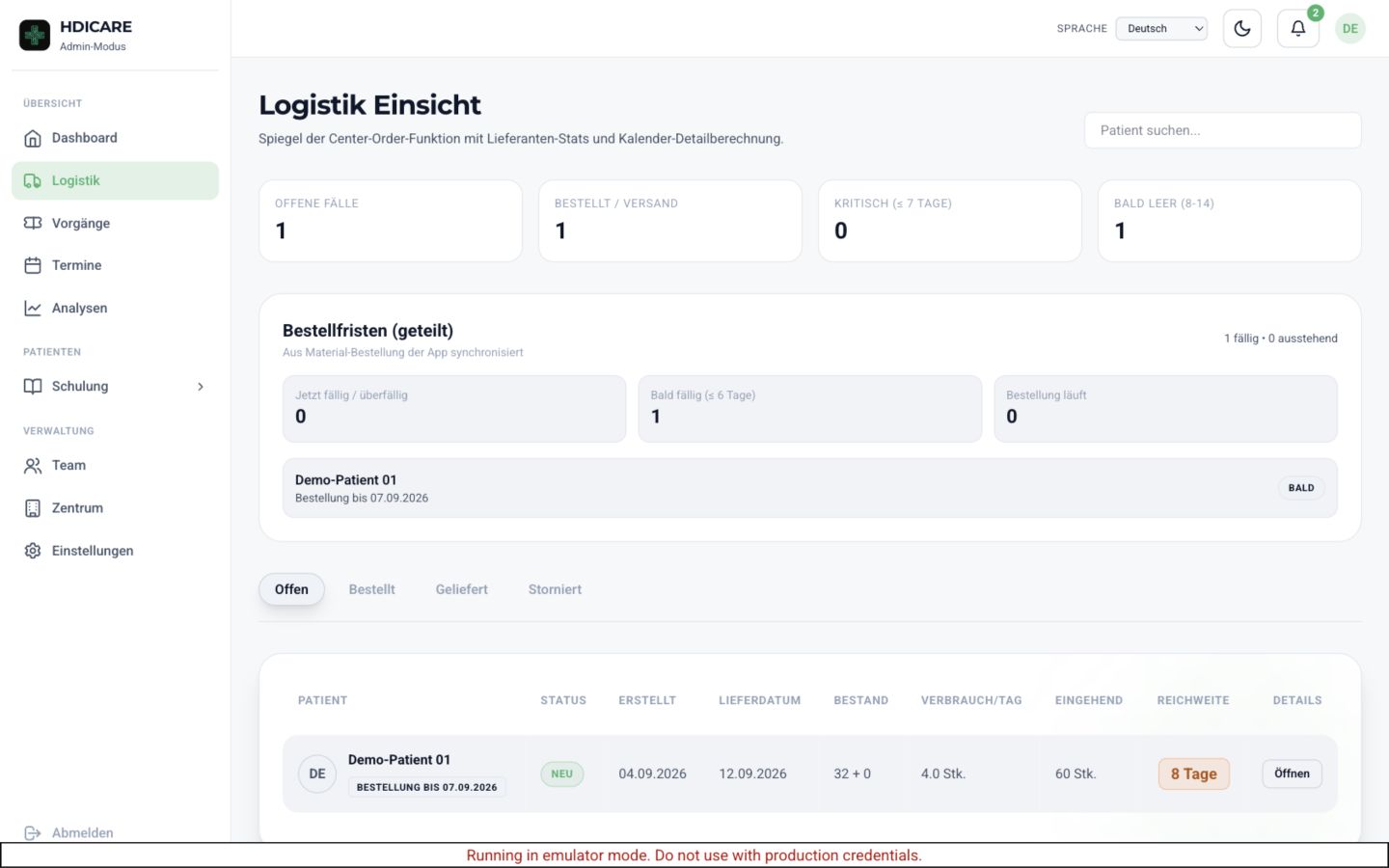 HDICARE Logistikübersicht mit Bestellfrist, Bestand, eingehender Menge und Reichweite eines Demo-Patienten